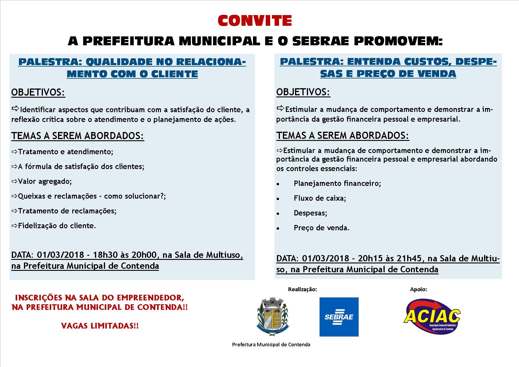 PREFEITURA MUNICIPAL E SEBRAE IRÃO PROMOVER PALESTRA