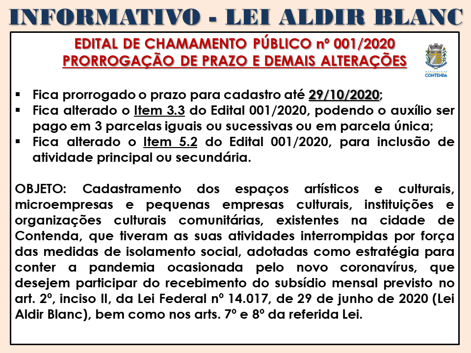 Prorrogado o prazo para cadastramento da Lei Aldir Blanc