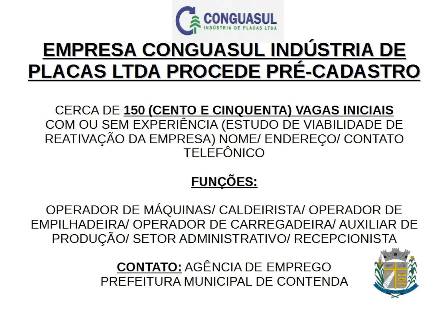 Empresa Conguasul faz Pré-Cadastro de 150 Vagas de Emprego