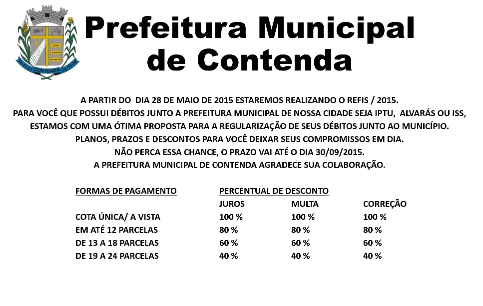 A PARTIR DO DIA 28 DE MAIO DE 2015 ESTAREMOS REALIZANDO O REFIS / 2015.