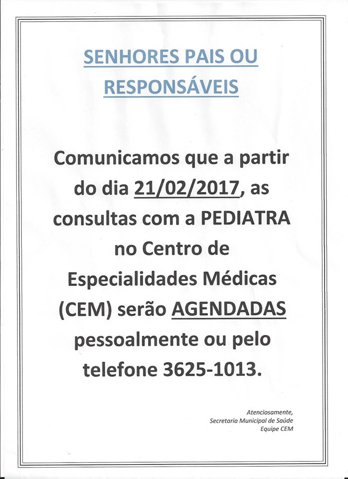 Consulta com pediatra passa a ser agendada no Centro de Especialidades Médicas - CEM